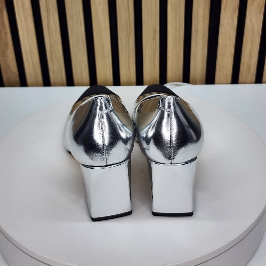 NEW - Marc Fisher Vernie Women’s Silver Black Pumps Slip On Block Heel Size 6.5 - Thumbnail 4