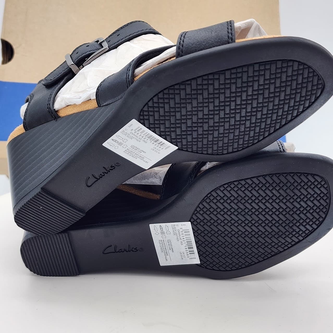 NEW - Clarks Emmalale Iris Black Leather Wedge Sandals Women's Size 5.5M Comfort - Thumbnail 7