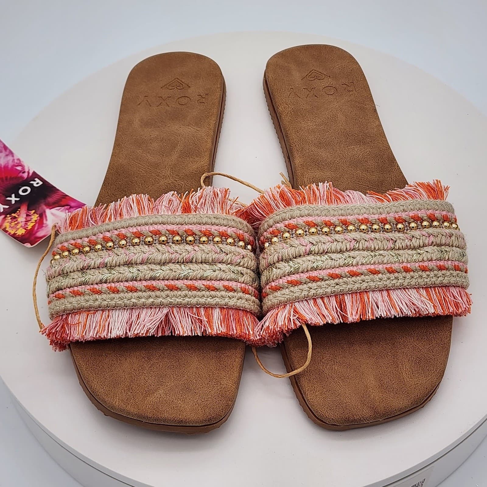 NEW - Roxy Women's Fringe Slide Sandals Pink Multi Boho Beach Size 8 - Thumbnail 5