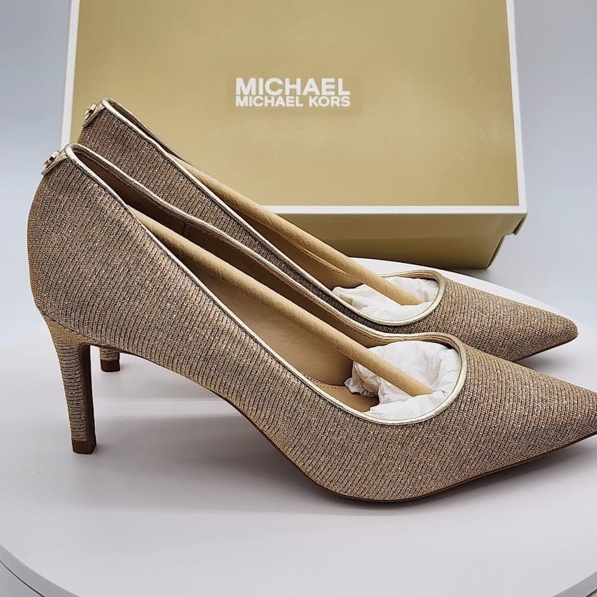 NEW Michael Kors Alina Flex Pump Pale Gold Glitter Chain Mesh Heels Size 5.5M - Thumbnail 2