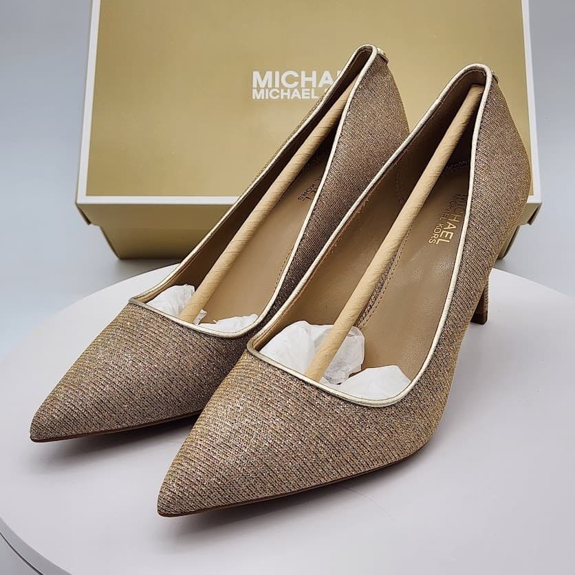 NEW Michael Kors Alina Flex Pump Pale Gold Glitter Chain Mesh Heels Size 5.5M - Thumbnail 6