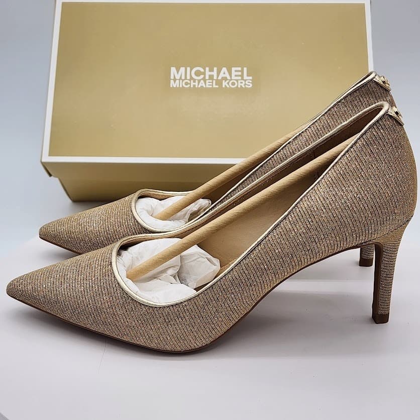 NEW Michael Kors Alina Flex Pump Pale Gold Glitter Chain Mesh Heels Size 5.5M - Thumbnail 5