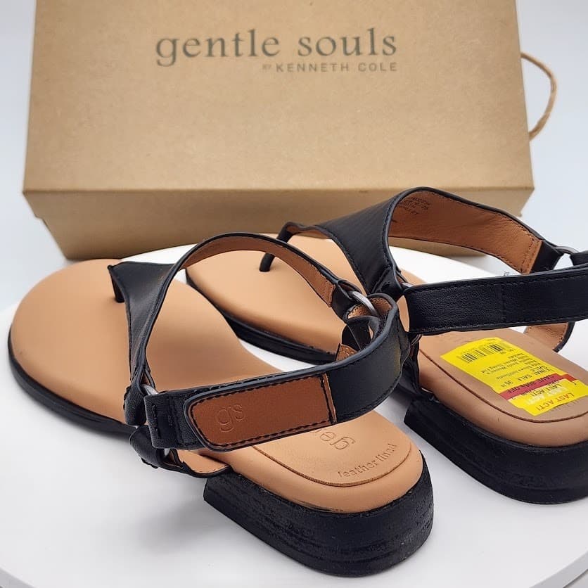 NEW Gentle Souls by Kenneth Cole Holly Black Leather Thong Sandals Size 8.5M - Thumbnail 4