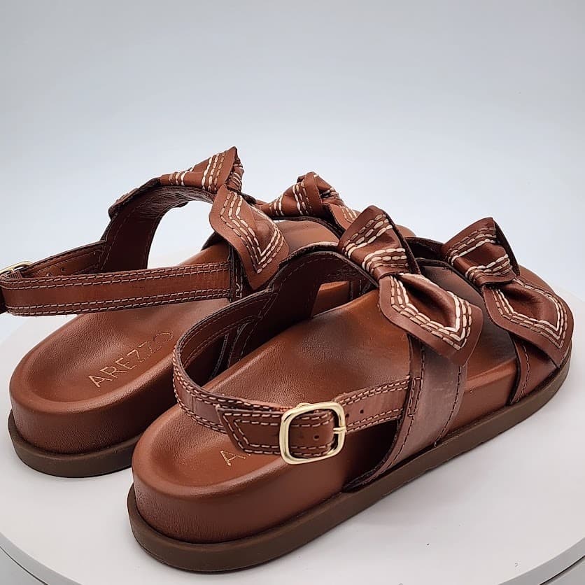 NEW Arezzo Women's Brown Leather Bow Flat Sandals Size 7B Slingback Shoes - Thumbnail 3