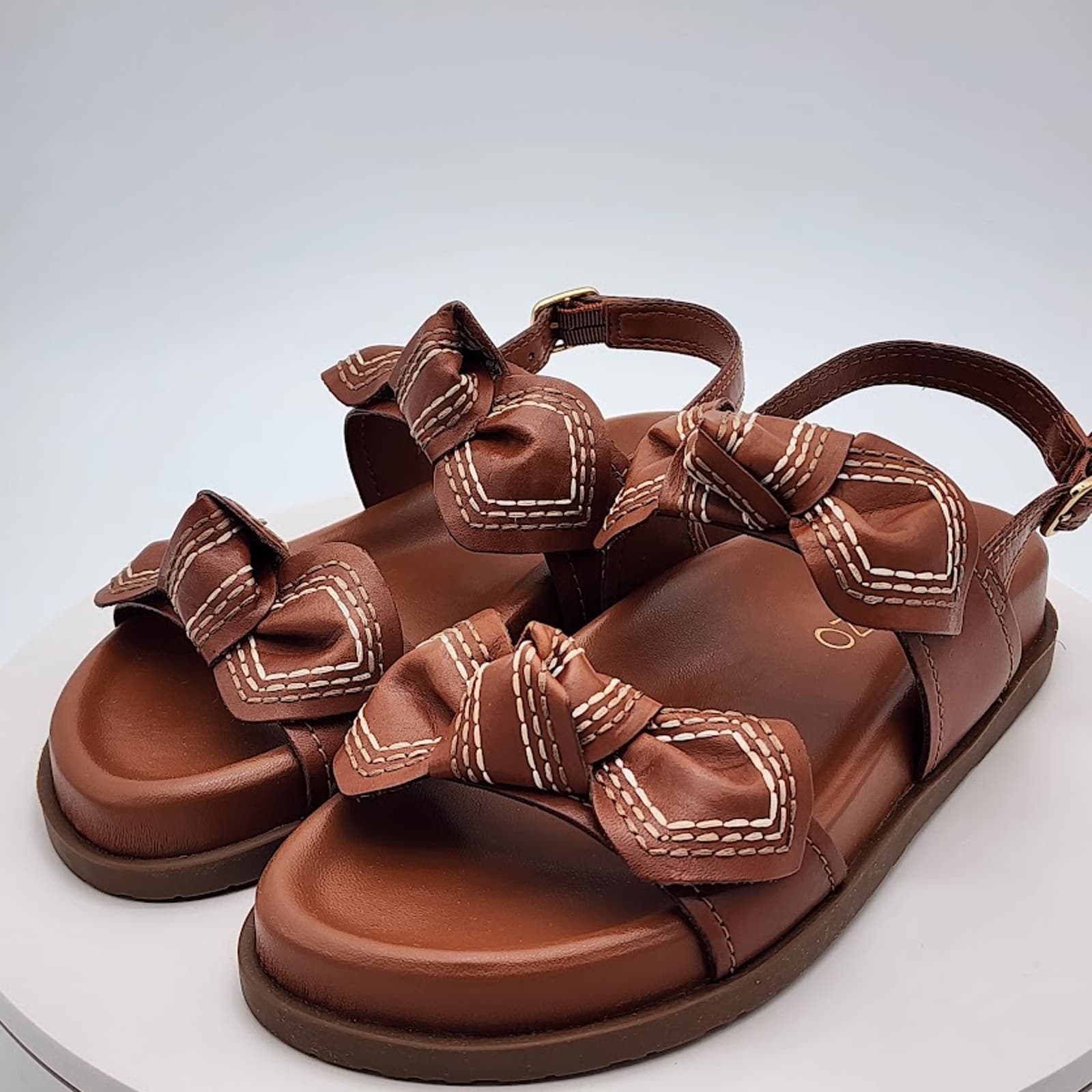 NEW Arezzo Women's Brown Leather Bow Flat Sandals Size 6.5B Slingback Shoes - Thumbnail 5