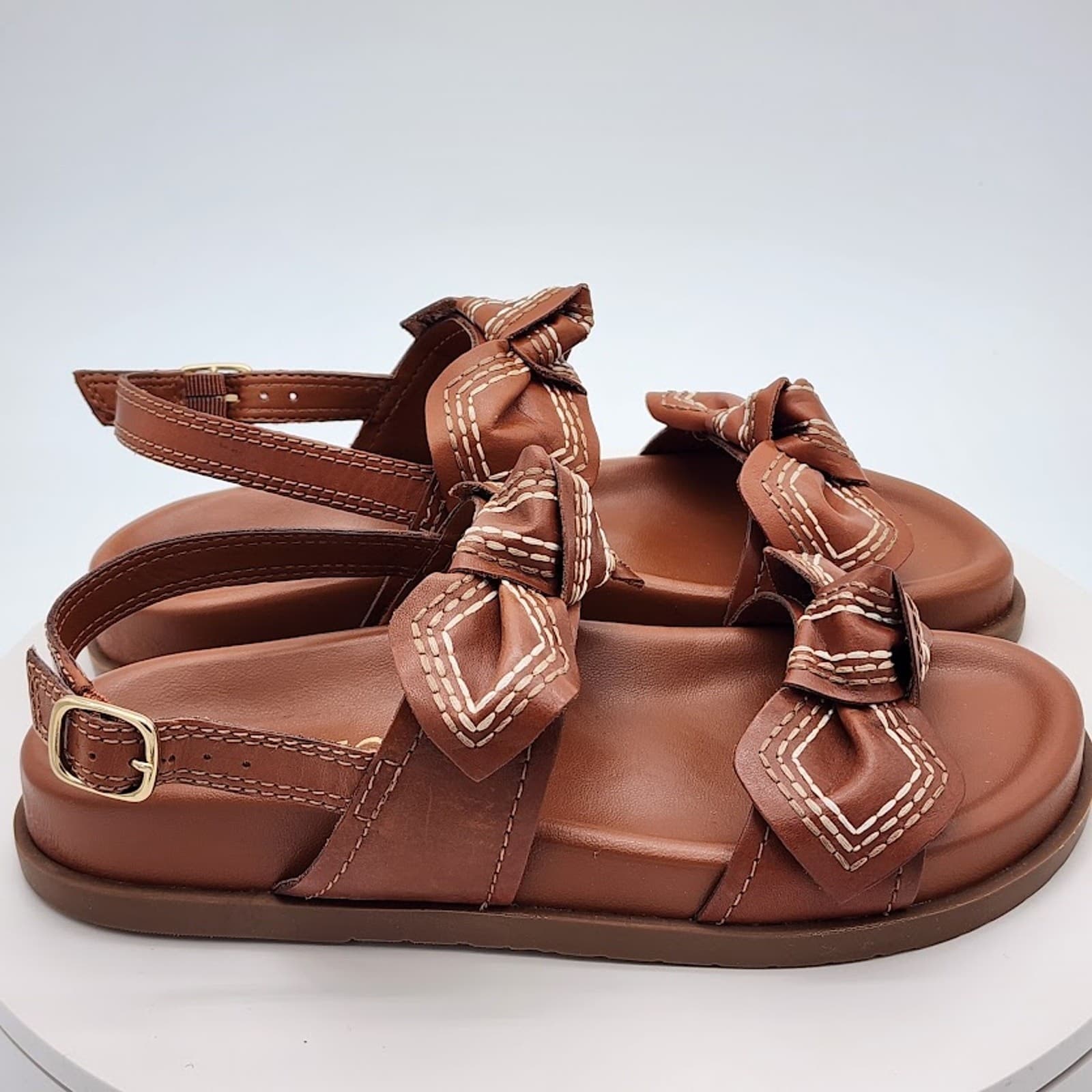 NEW Arezzo Women's Brown Leather Bow Flat Sandals Size 6B Slingback Shoes - Thumbnail 2