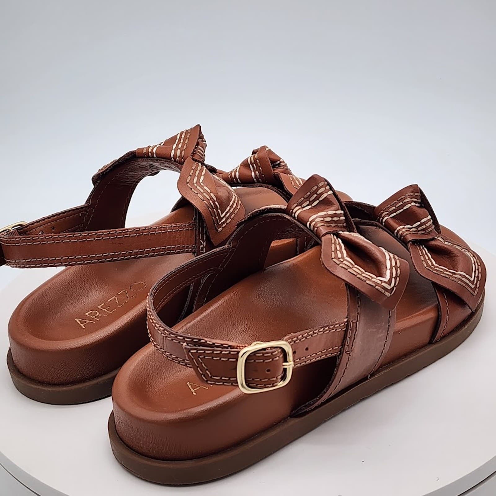 NEW Arezzo Women's Brown Leather Bow Flat Sandals Size 6.5B Slingback Shoes - Thumbnail 3