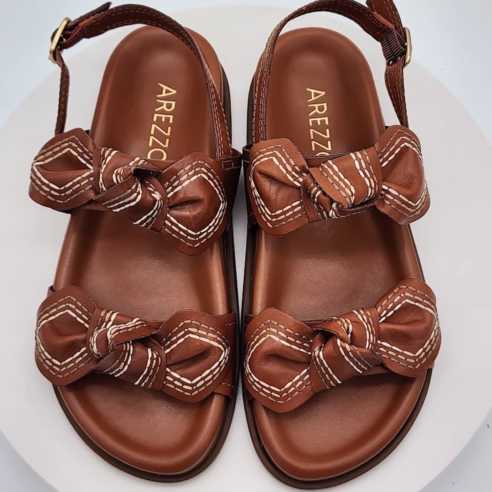 NEW Arezzo Women's Brown Leather Bow Flat Sandals Size 6.5B Slingback Shoes - Thumbnail 7