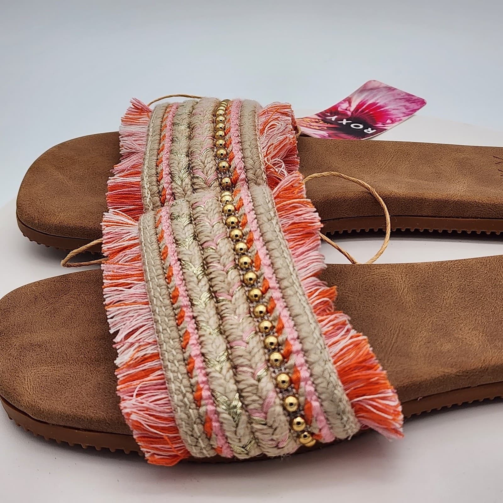 NEW - Roxy Women's Fringe Slide Sandals Pink Multi Boho Beach Size 11 - Thumbnail 4