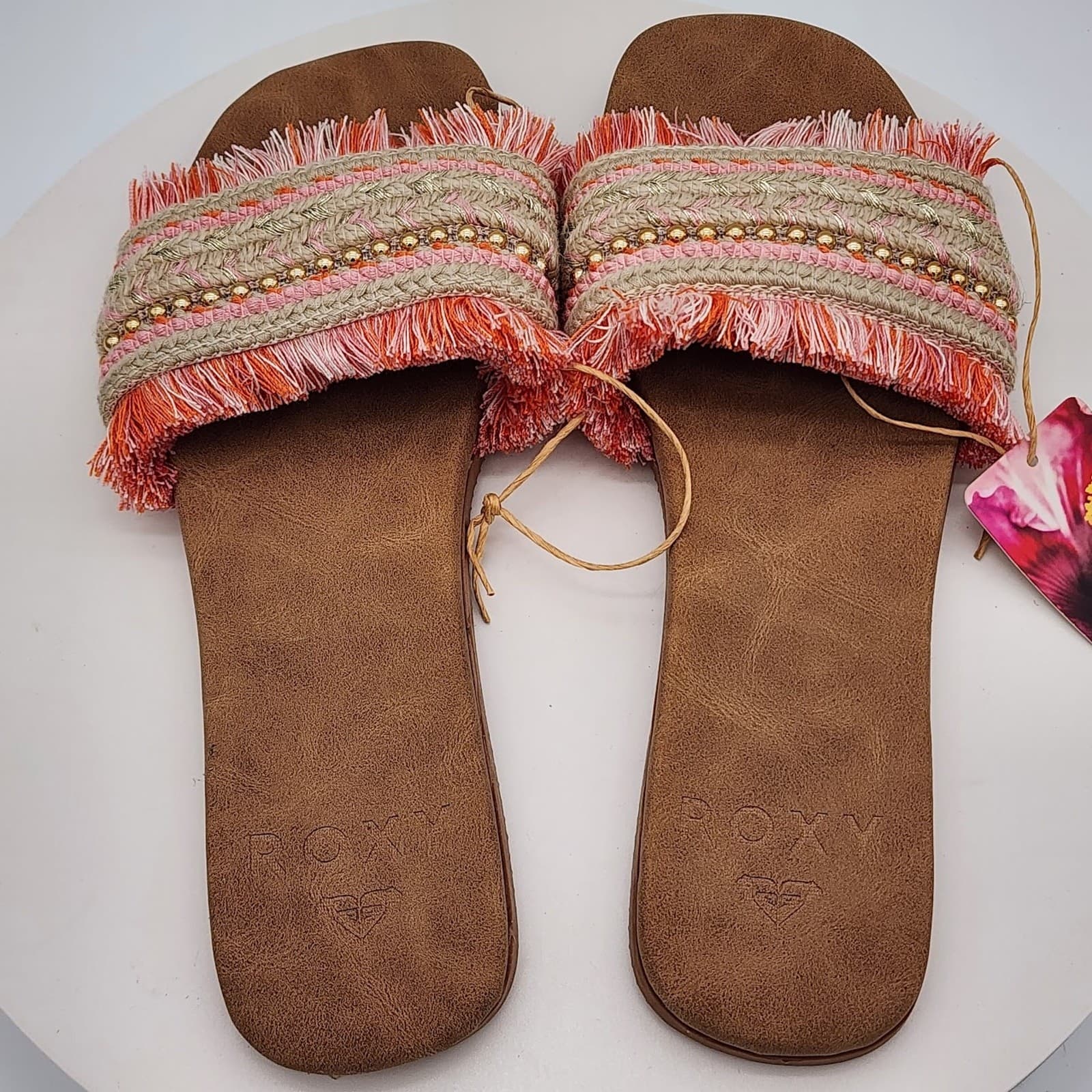 NEW - Roxy Women's Fringe Slide Sandals Pink Multi Boho Beach Size 11 - Thumbnail 3