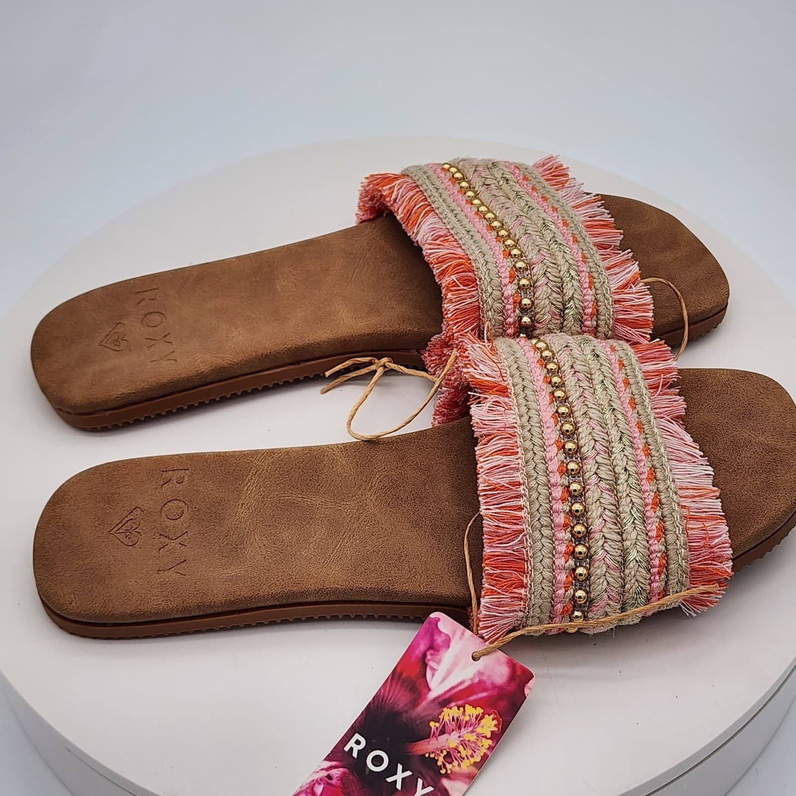 NEW - Roxy Women's Fringe Slide Sandals Pink Multi Boho Beach Size 11 - Thumbnail 2