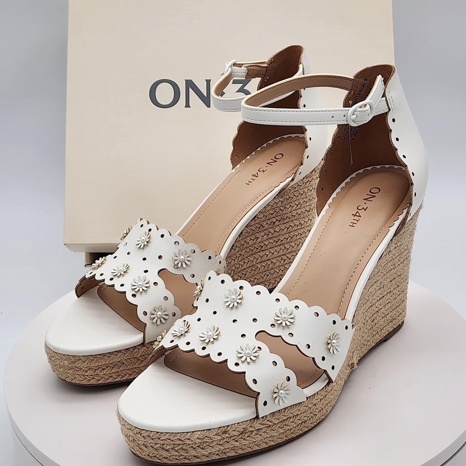 NEW - On 34th Theodore EP White Linen Floral Espadrille Wedge Sandals Size 8.5 M - Thumbnail 8