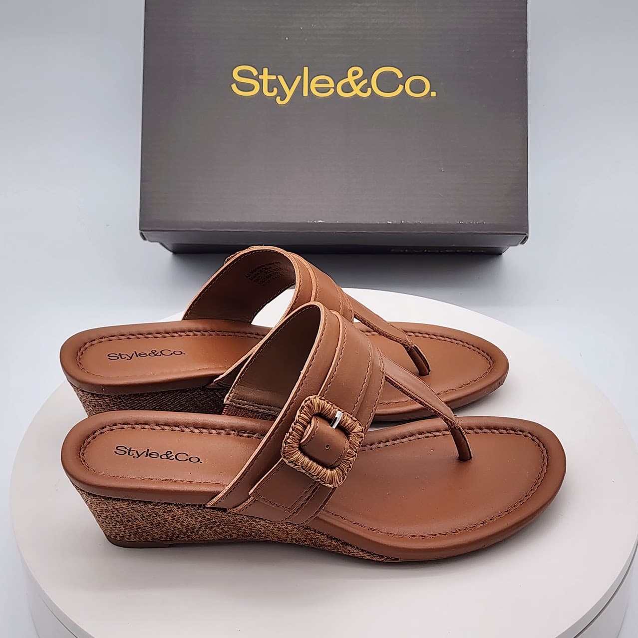 Style & Co Polliee Walnut Raffia Buckled Thong Wedge Sandals Size 7.5M - Thumbnail 2