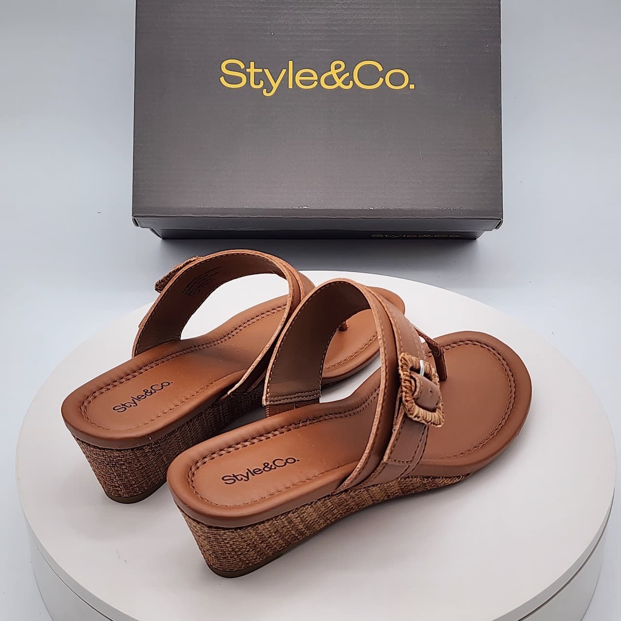 Style & Co Polliee Walnut Raffia Buckled Thong Wedge Sandals Size 7.5M - Thumbnail 3