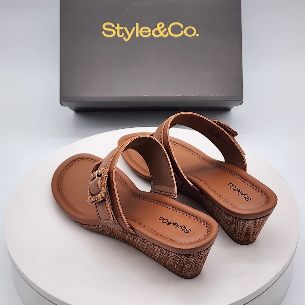 Style & Co Polliee Walnut Raffia Buckled Thong Wedge Sandals Size 7.5M - Thumbnail 4