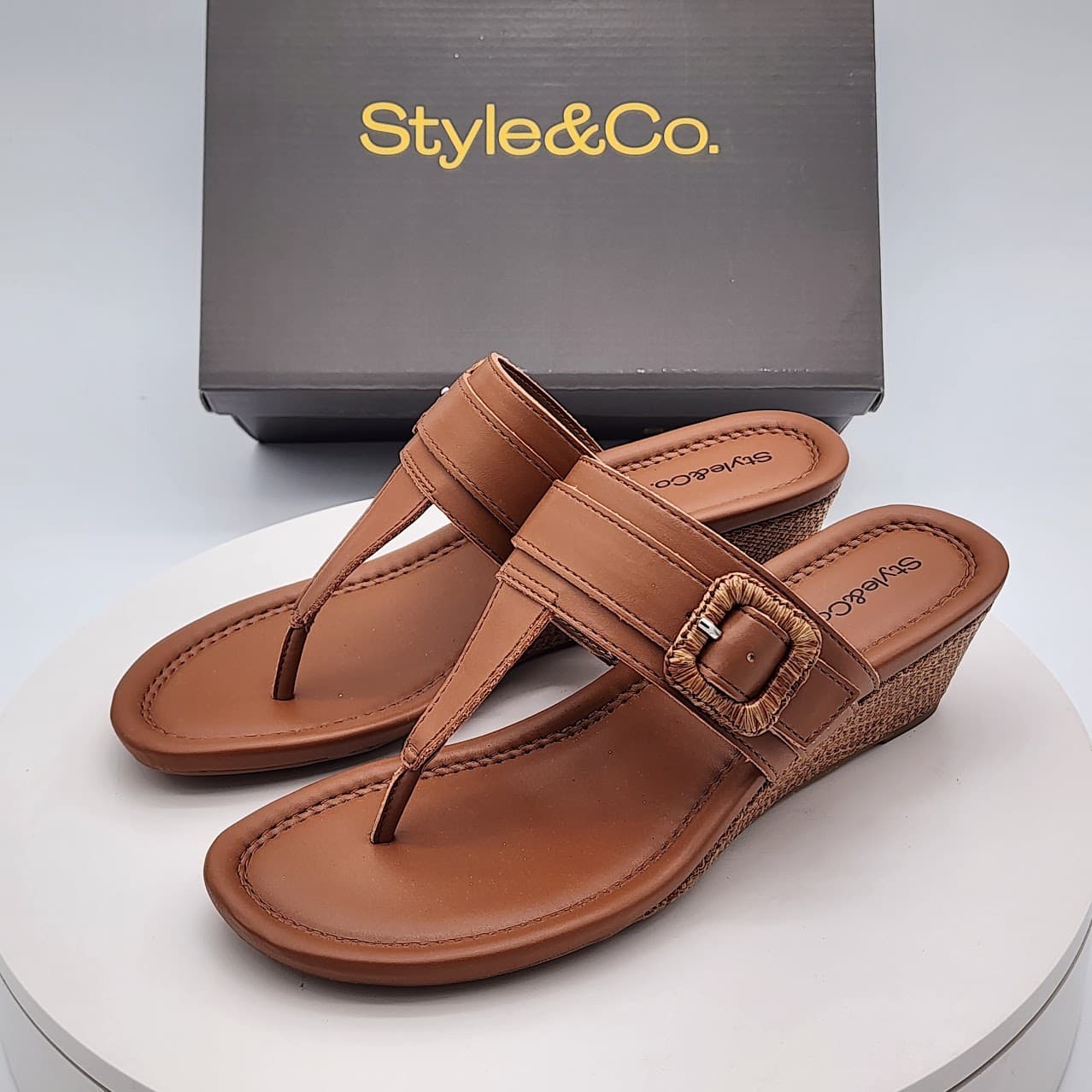 Style & Co Polliee Walnut Raffia Buckled Thong Wedge Sandals Size 7.5M - Thumbnail 5