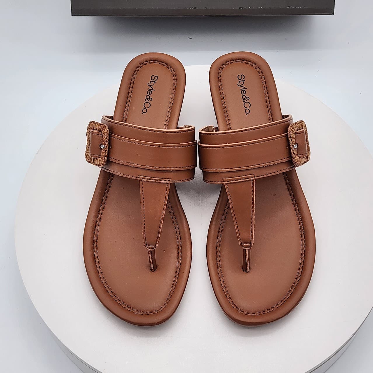 Style & Co Polliee Walnut Raffia Buckled Thong Wedge Sandals Size 7.5M - Thumbnail 6