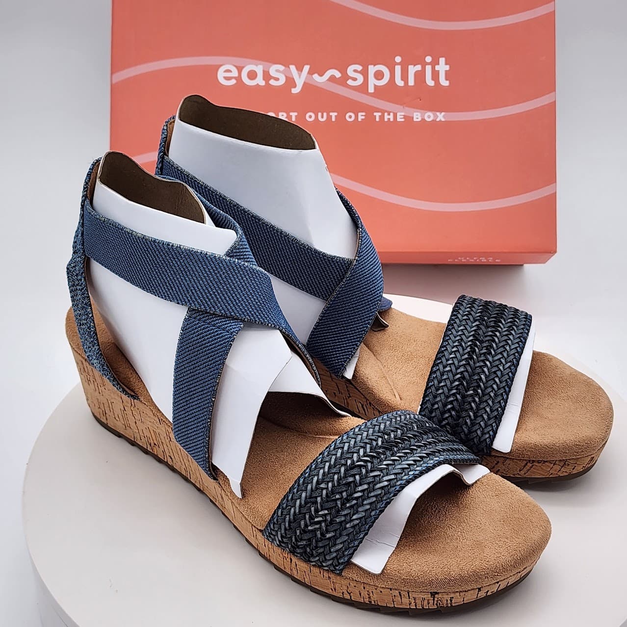 Easy Spirit Lorena 2 Medium Blue Woven Cork Wedge Sandals Women’s Size 9
