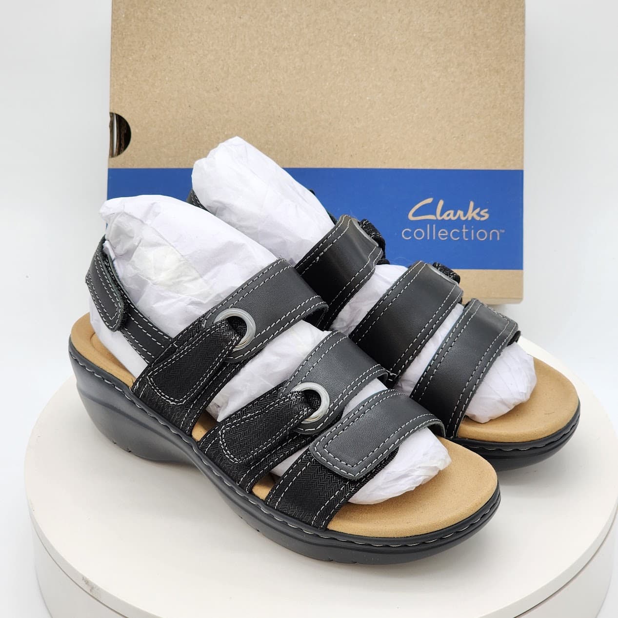 Clarks Merliah 2 Bali Black Leather Wedge Sandals Women’s Size 7W