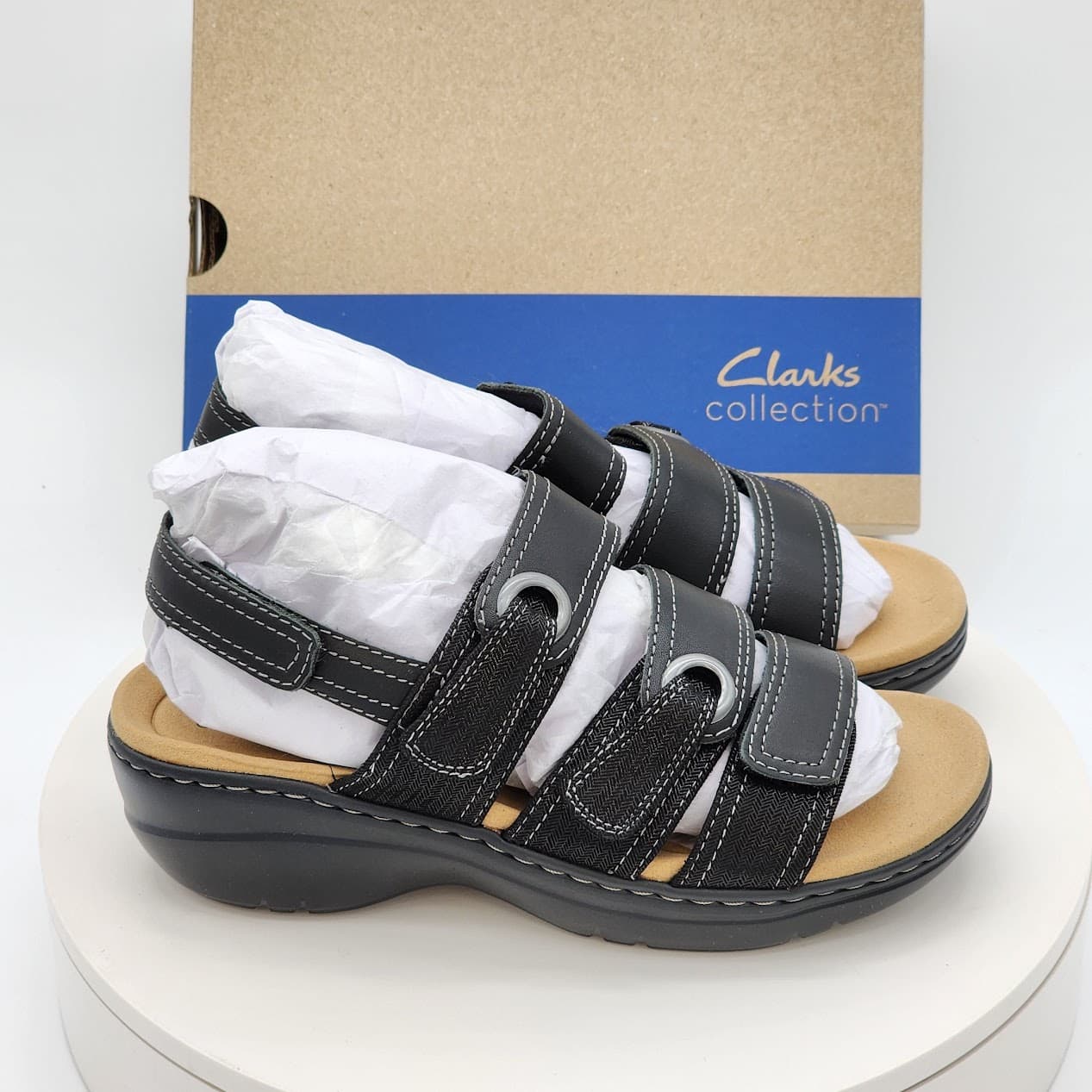 Clarks Merliah 2 Bali Black Leather Wedge Sandals Women’s Size 7W - Thumbnail 2