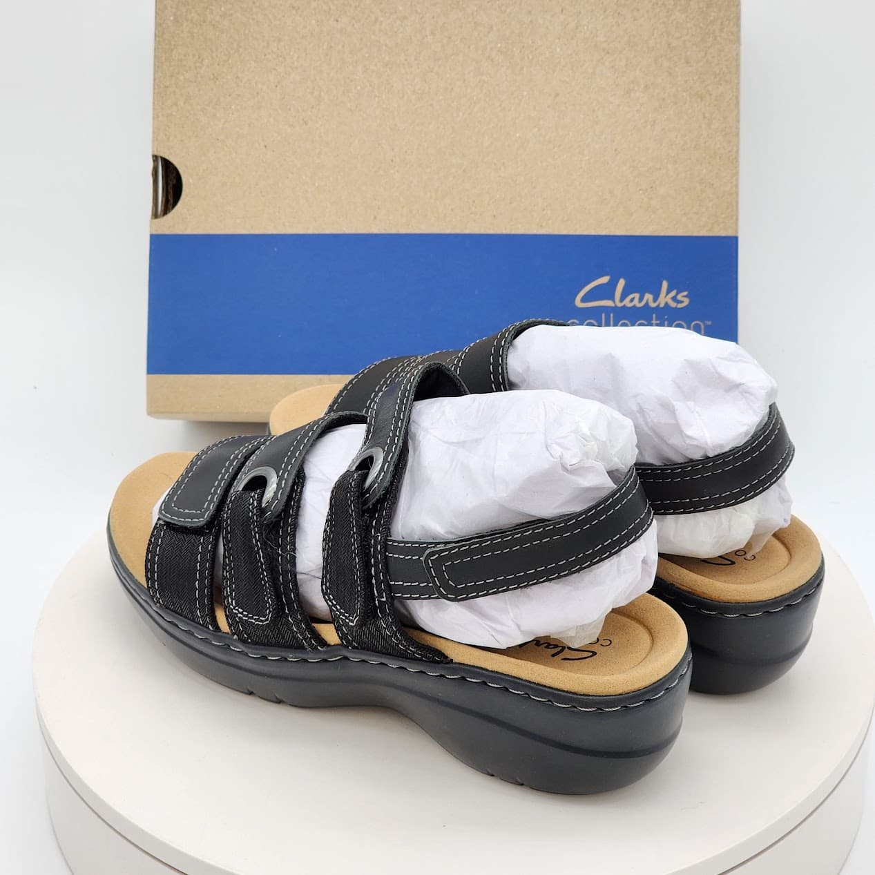 Clarks Merliah 2 Bali Black Leather Wedge Sandals Women’s Size 7W - Thumbnail 4