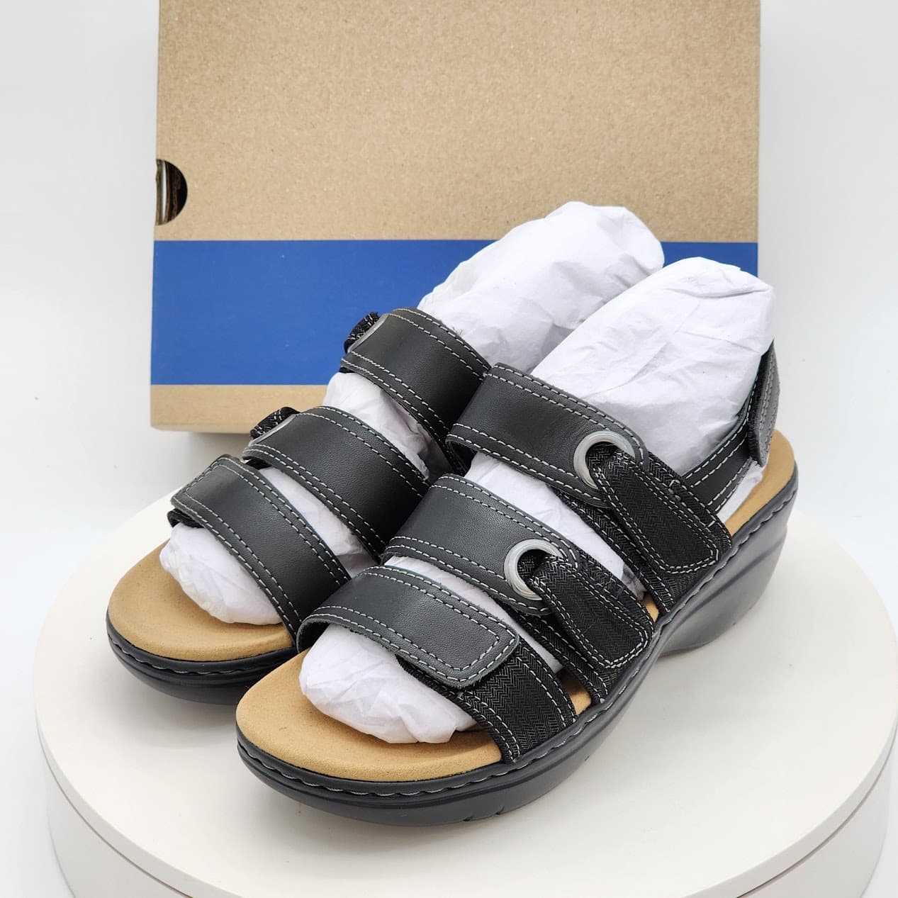 Clarks Merliah 2 Bali Black Leather Wedge Sandals Women’s Size 7W - Thumbnail 5