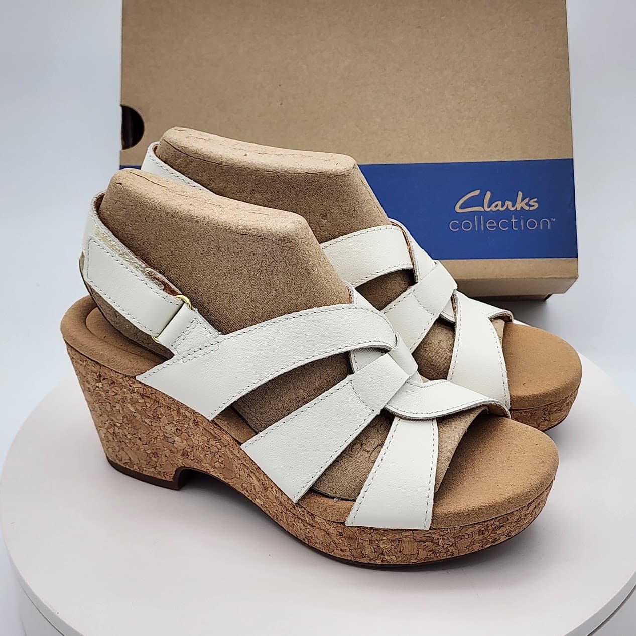 Clarks Giselle Beach White Leather Cork Wedge Sandals Women’s Size 6 M