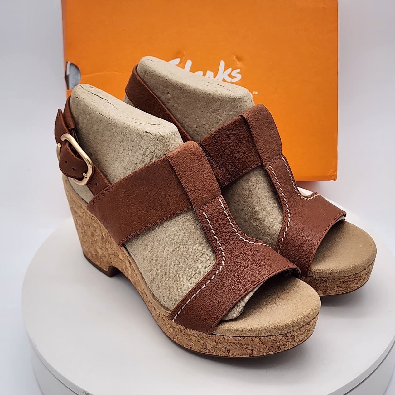 Clarks Giselle Style Tan Leather Cork Wedge Sandals Women’s Size 9