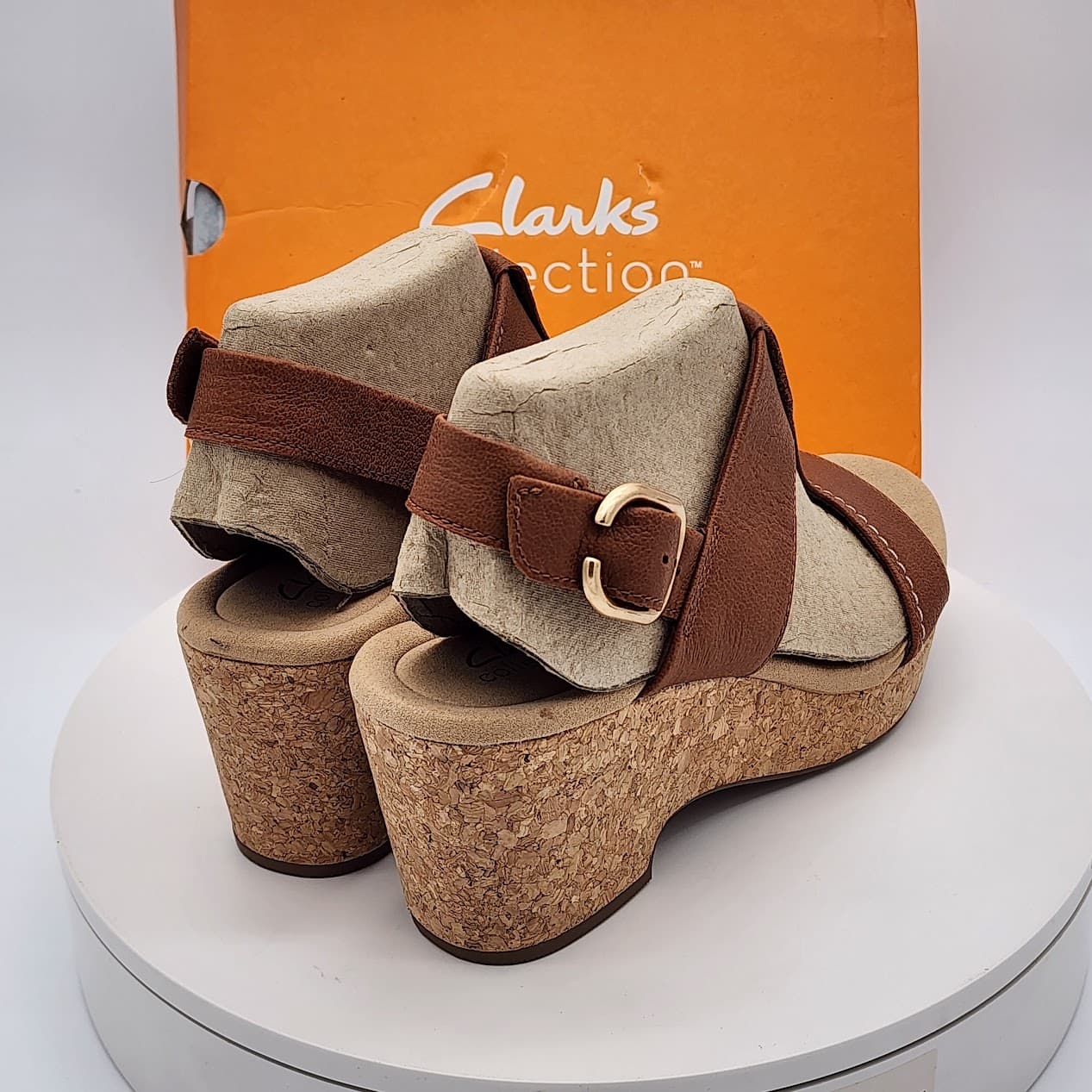 Clarks Giselle Style Tan Leather Cork Wedge Sandals Women’s Size 9 - Thumbnail 3