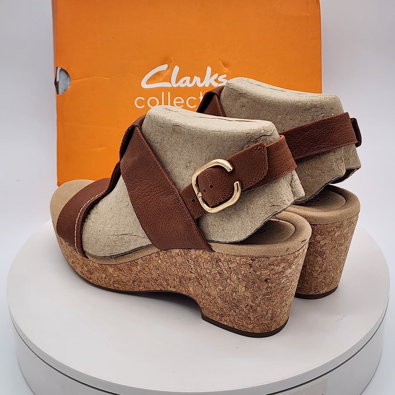 Clarks Giselle Style Tan Leather Cork Wedge Sandals Women’s Size 9 - Thumbnail 4