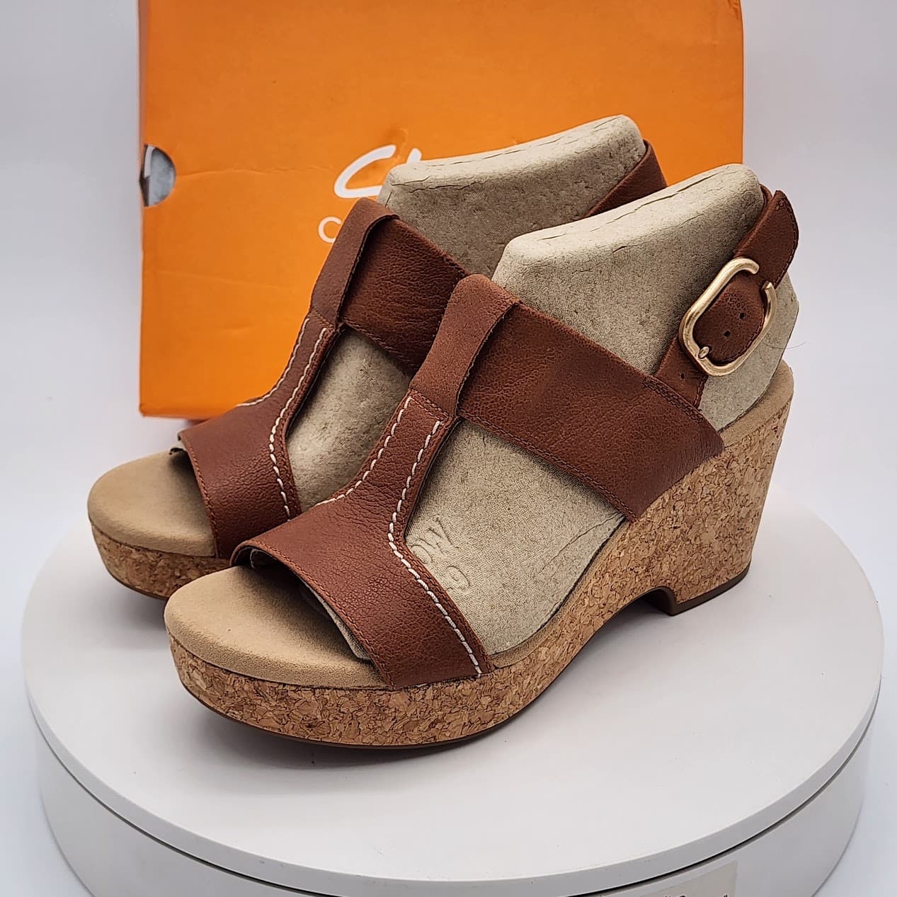 Clarks Giselle Style Tan Leather Cork Wedge Sandals Women’s Size 9 - Thumbnail 5