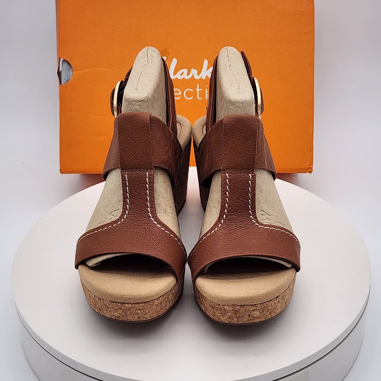 Clarks Giselle Style Tan Leather Cork Wedge Sandals Women’s Size 9 - Thumbnail 6