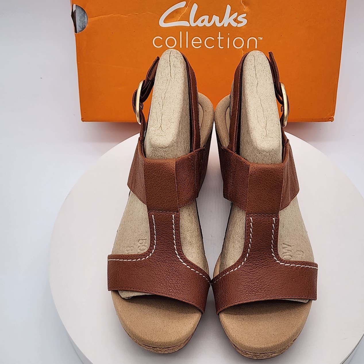Clarks Giselle Style Tan Leather Cork Wedge Sandals Women’s Size 9 - Thumbnail 7