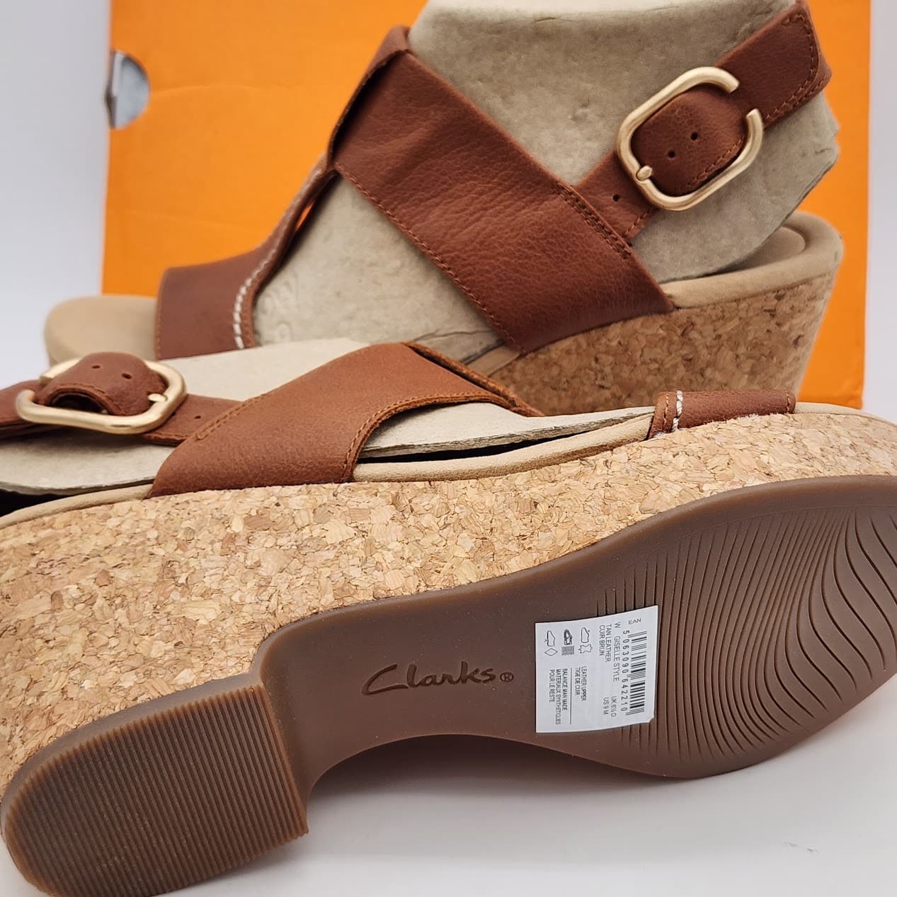Clarks Giselle Style Tan Leather Cork Wedge Sandals Women’s Size 9 - Thumbnail 8