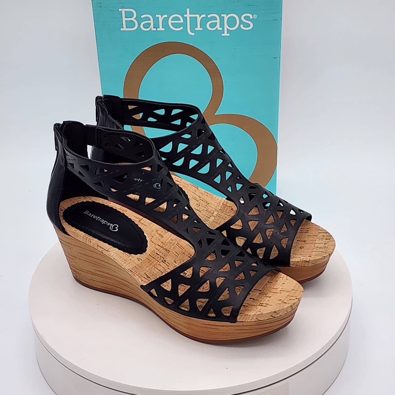 Baretraps Miriam Black Laser Cut Platform Wedge Sandals Women’s Size 9.5