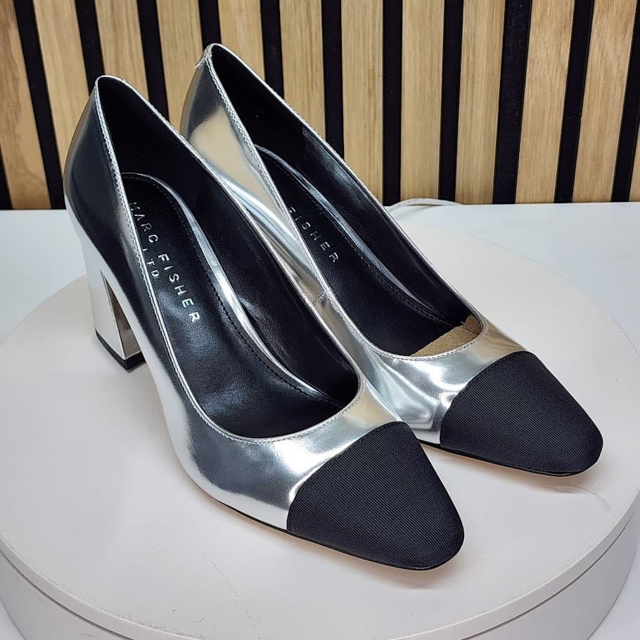 NEW - Marc Fisher Vernie Women’s Silver Black Pumps Slip On Block Heel Size 6.5