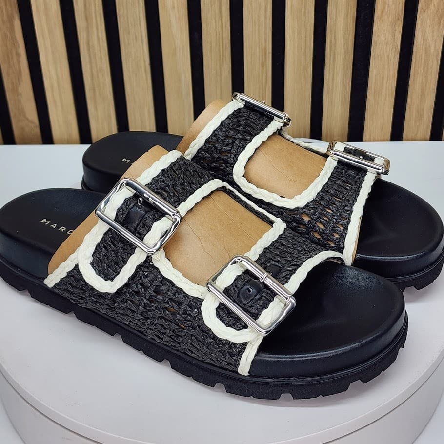 NEW - Marc Fisher LTD Mylan Womens Black Woven Flat Sandals Buckle Straps Size 9