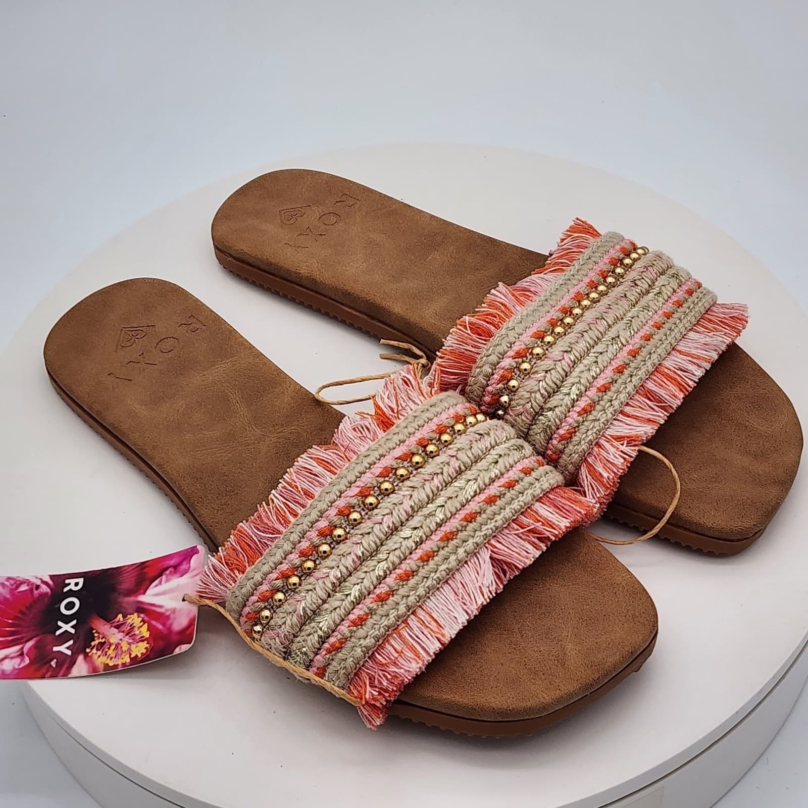NEW - Roxy Women's Fringe Slide Sandals Pink Multi Boho Beach Size 9