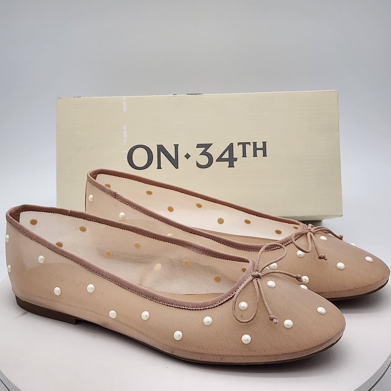 NEW ON 34th Friya Nude Pearl Mesh Ballet Flats Women's Size 8M Sheer Bow Shoes