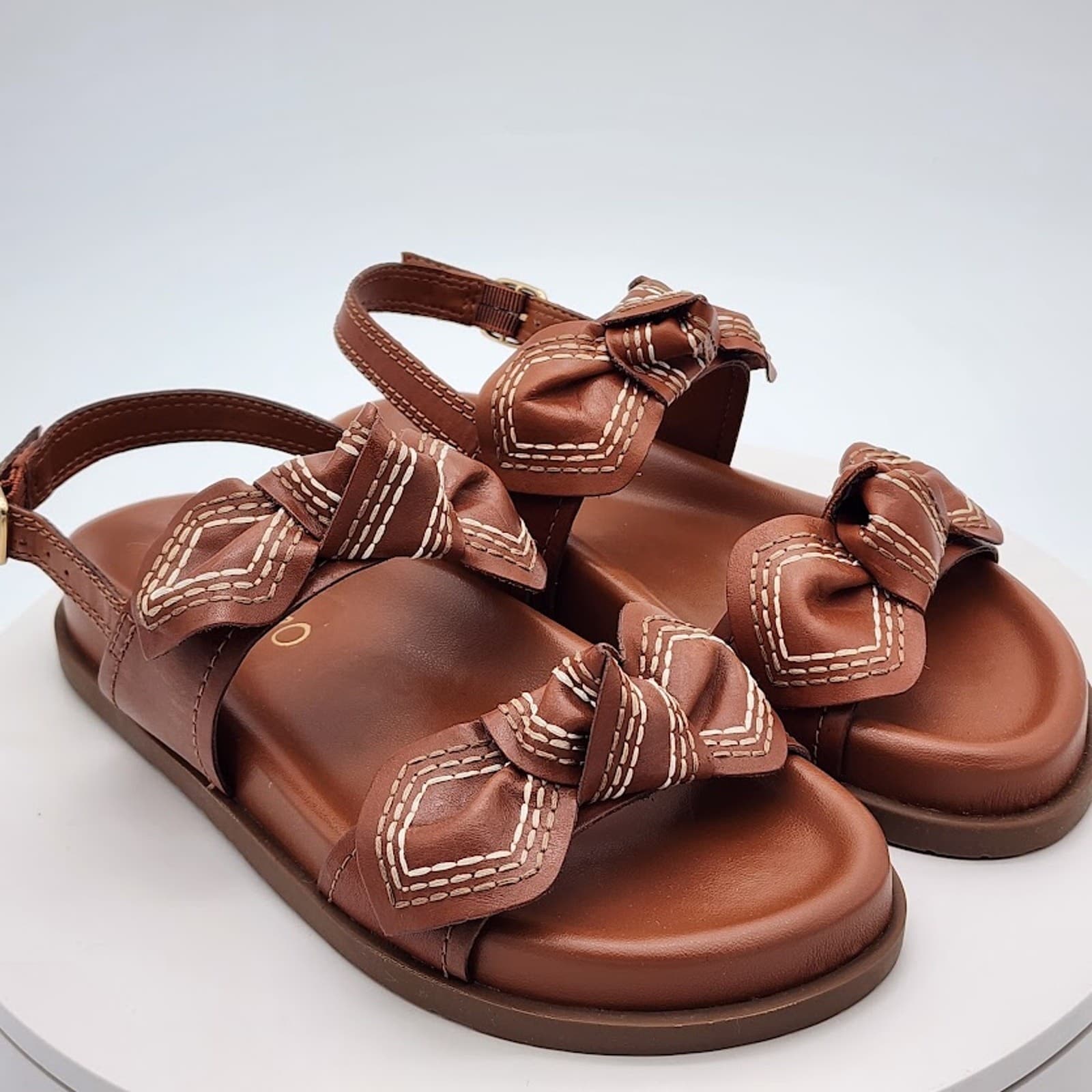 NEW Arezzo Women's Brown Leather Bow Flat Sandals Size 6.5B Slingback Shoes