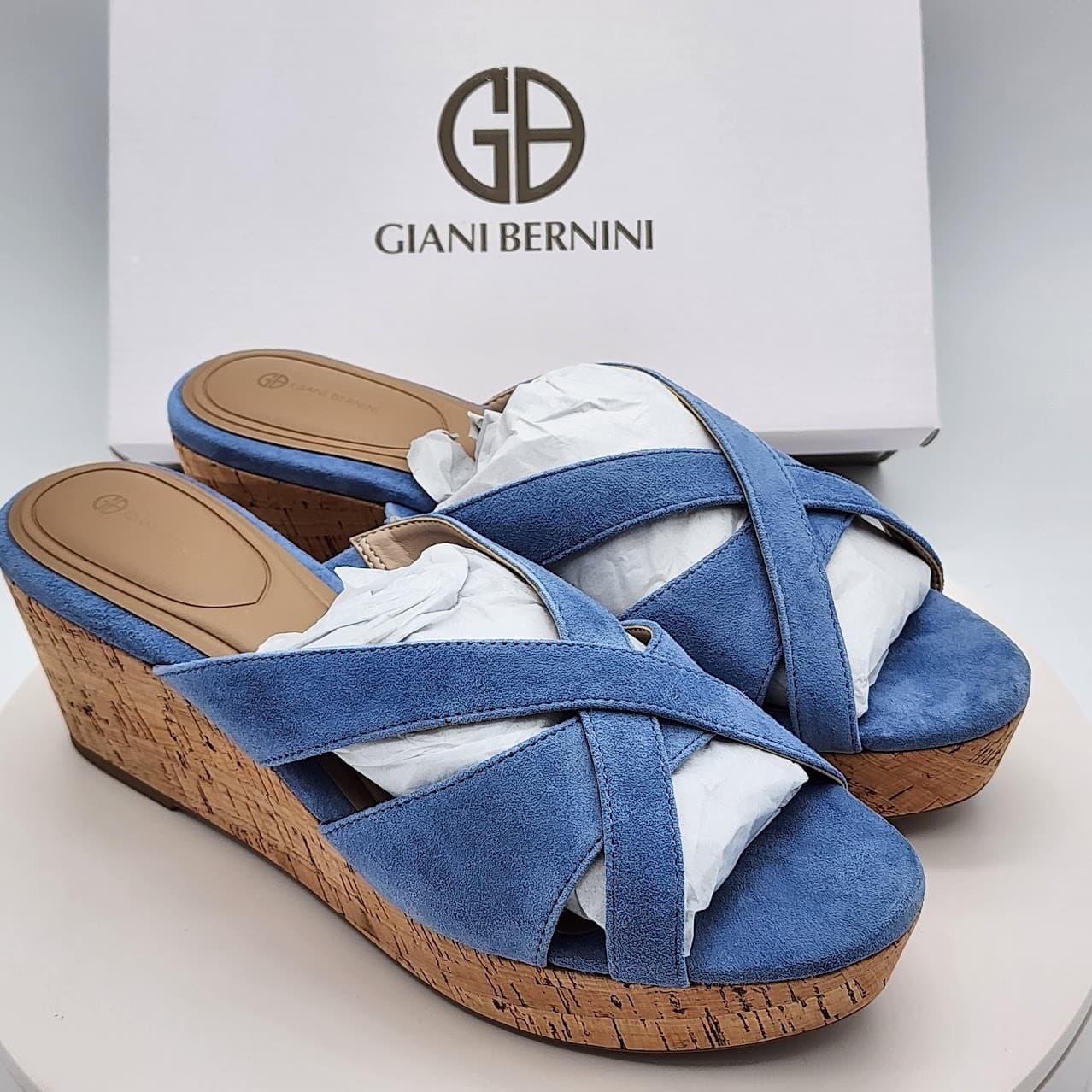 NEW Giani Bernini Juliaas Blue Azur Cork Wedge Slide Sandals Women’s Size 9.5M