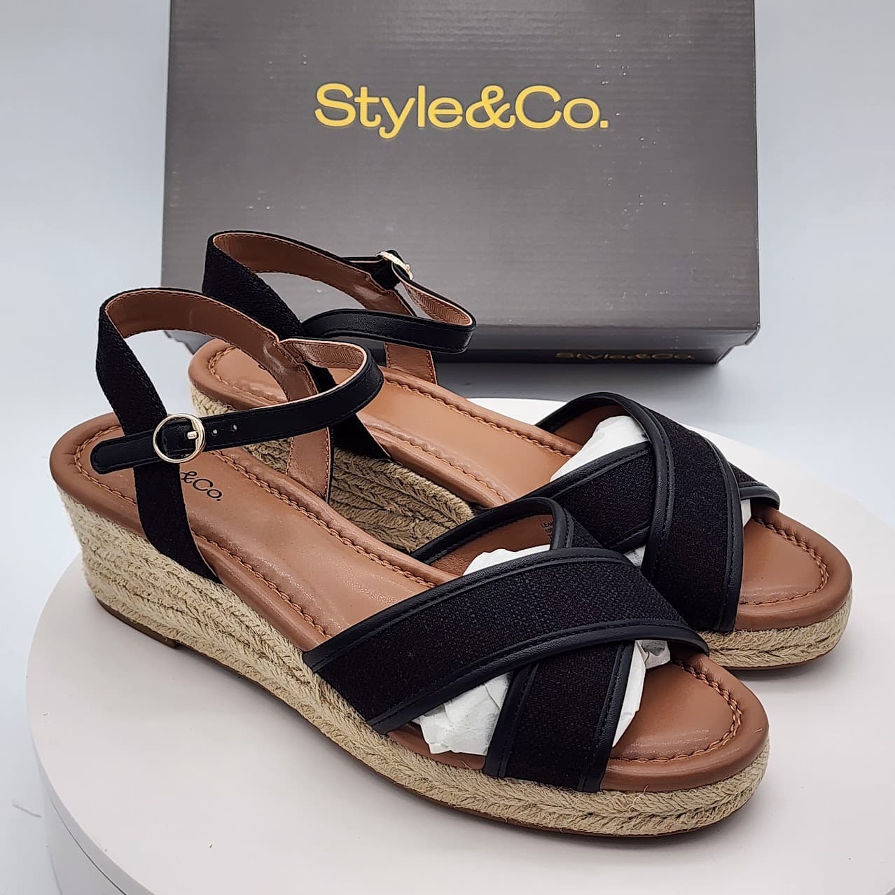 Style & Co Leahh Black Canvas Espadrille Wedge Sandals Women’s Size 7.5M