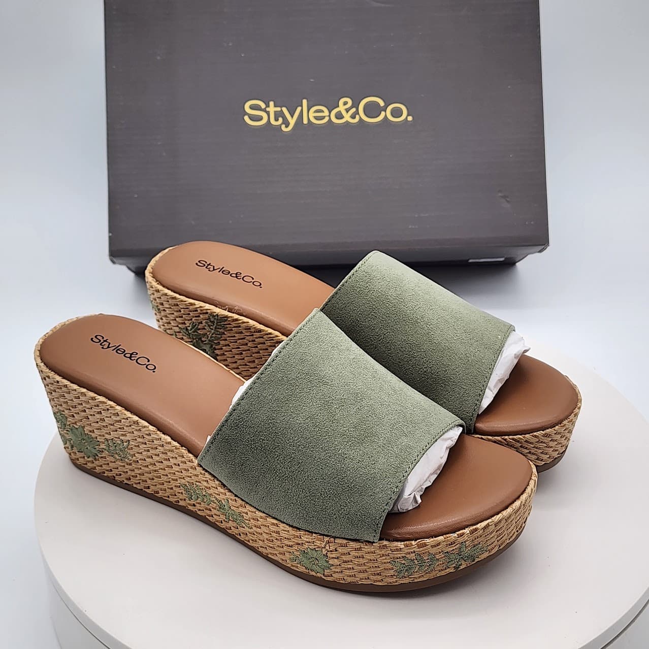 Style & Co Meadow Sage Embroidered Espadrille Wedge Sandals Size 8 M