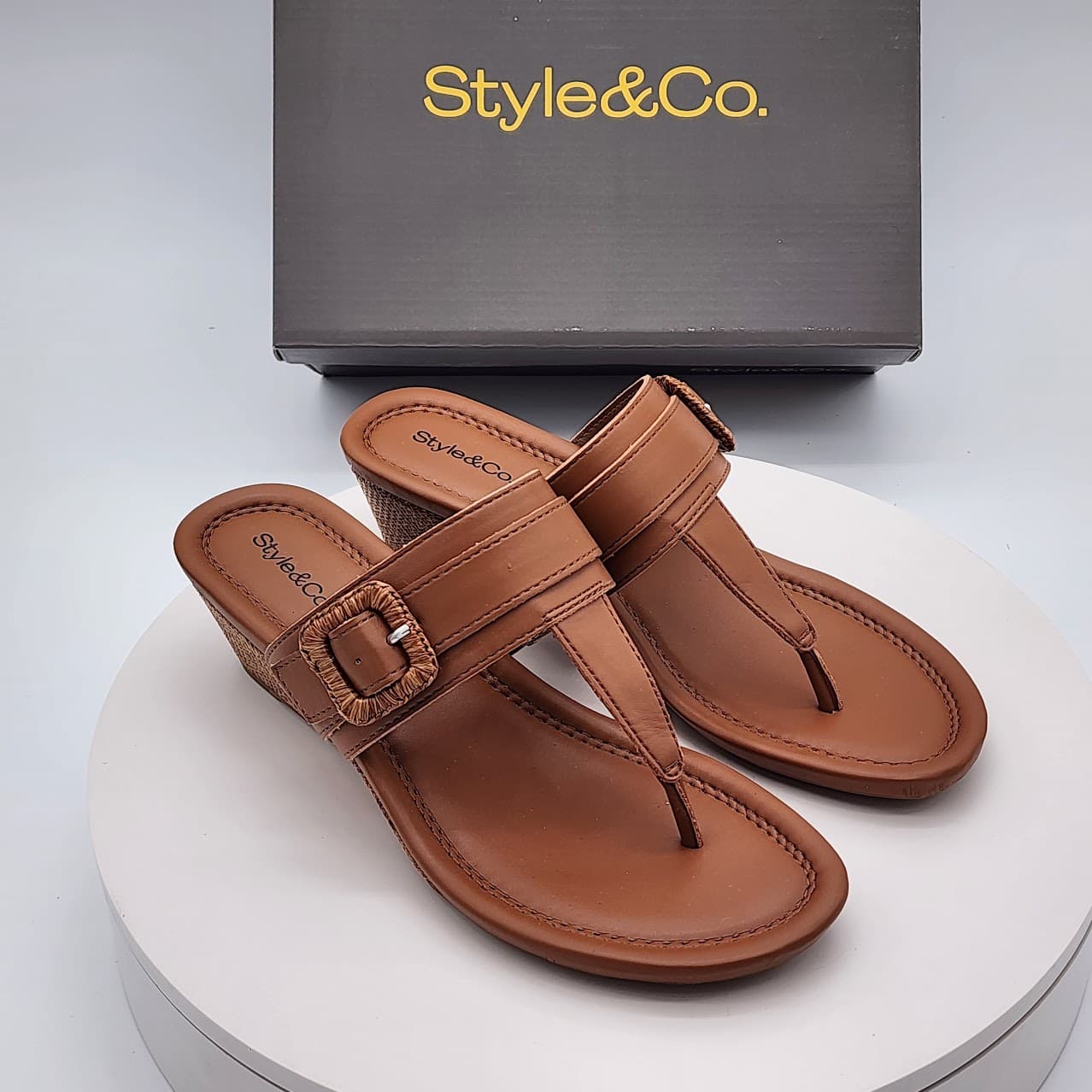 Style & Co Polliee Walnut Raffia Buckled Thong Wedge Sandals Size 7.5M
