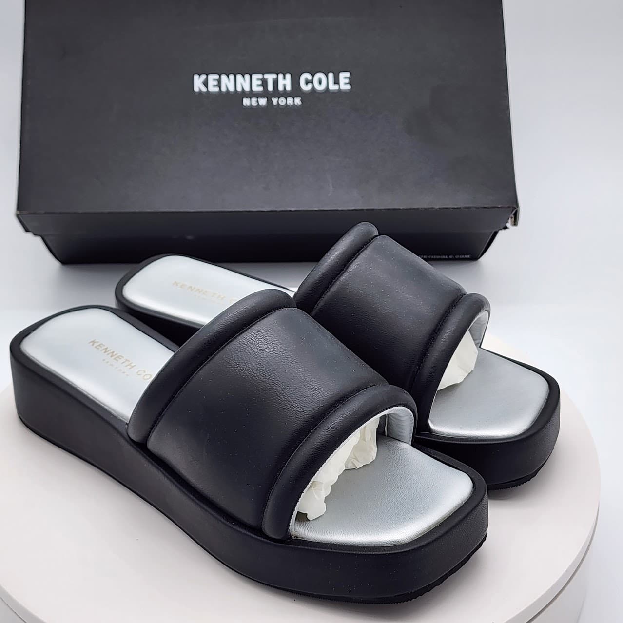 Kenneth Cole New York Andreanna Black Women's Platform Wedge Slide Sandals 7.5M
